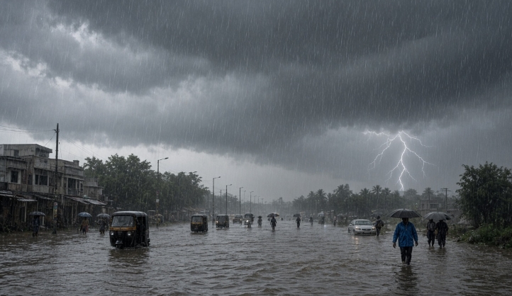 Dark storm clouds cover the sky, heavy rain is falling, and a bright lightning bolt is visible. The road is heavily waterlogged. Auto-rickshaws and cars are moving slowly through the flooded street. Several people are walking with umbrellas.