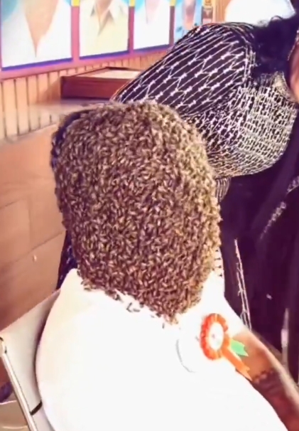 bee on the face of man