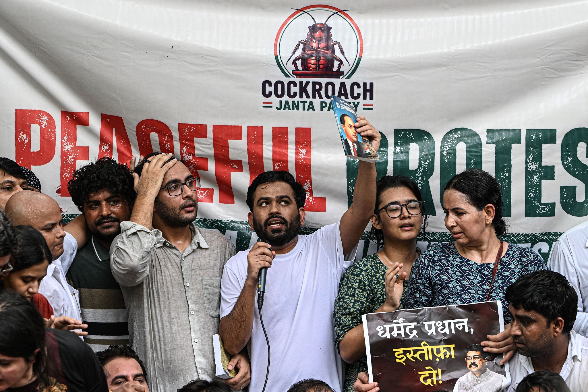 Cockroach Janta Party founder Abhijeet Dipke speaking during a youth demonstration