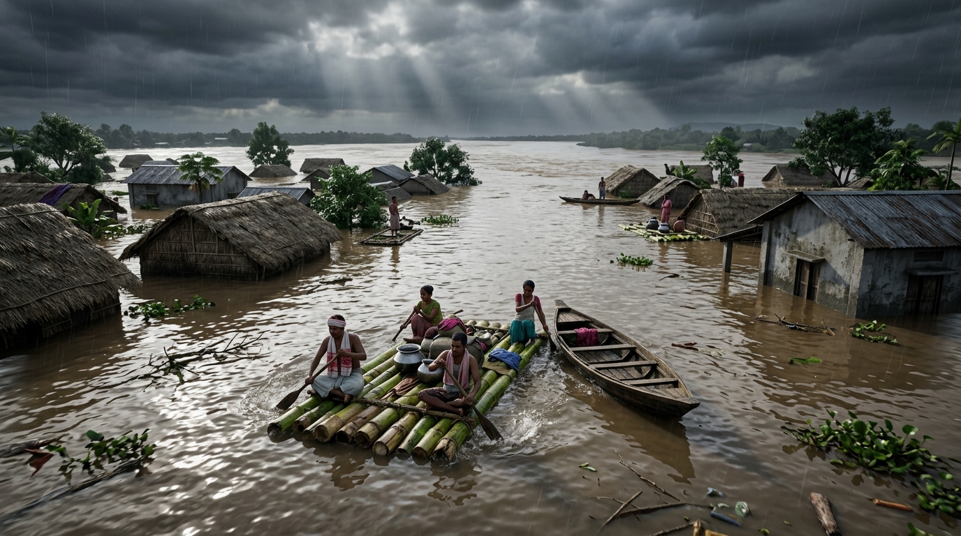 3D view of Assam flood-hit villages with people using rafts