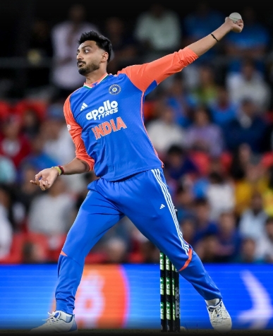 Axar Patel bowling in India colours during the Edgbaston 2026 Test