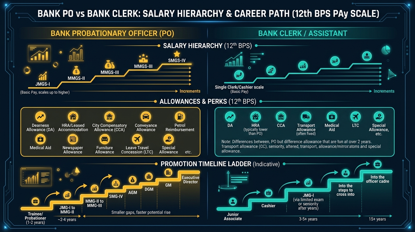 Bank PO vs Bank Clerk 12th BPS Salary and Allowances Comparison Graphic