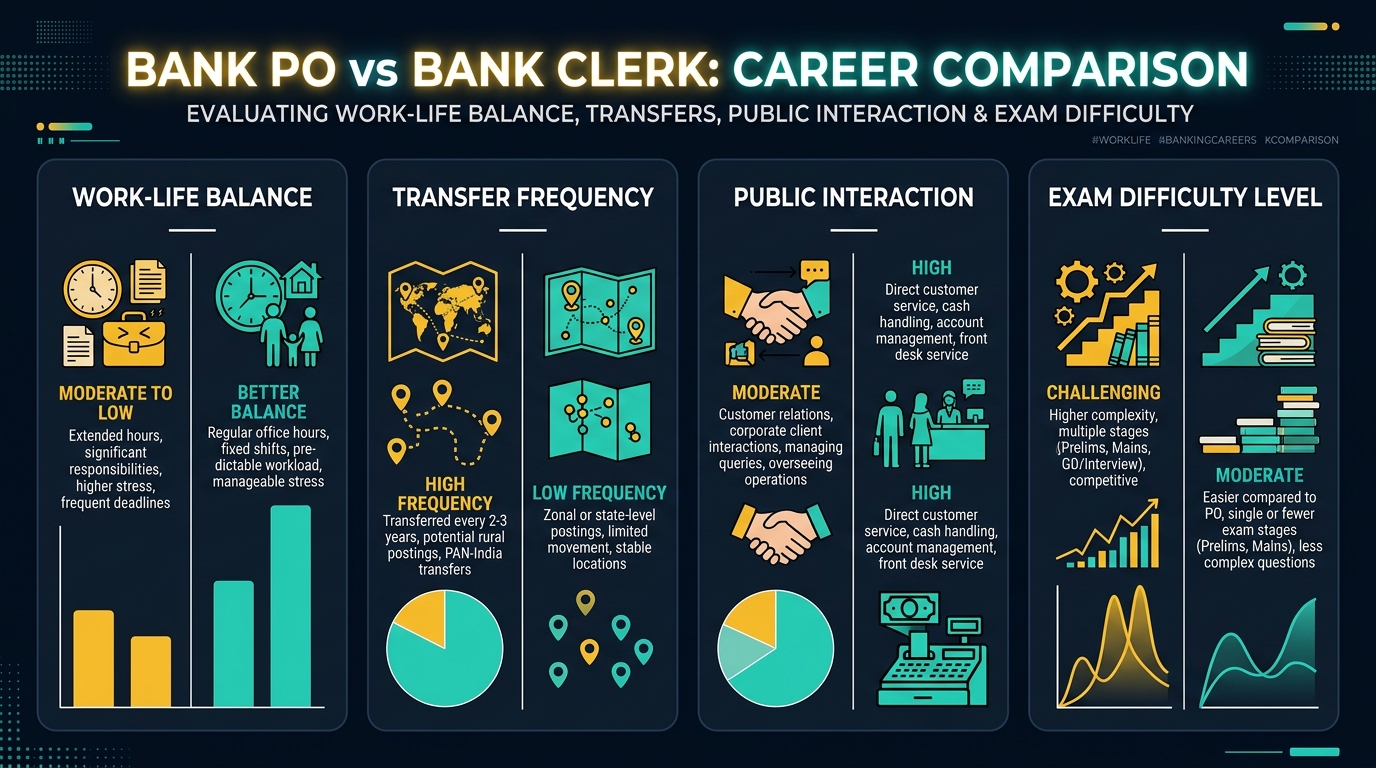 Bank PO vs Clerk Work-Life Balance and Exam Difficulty Matrix