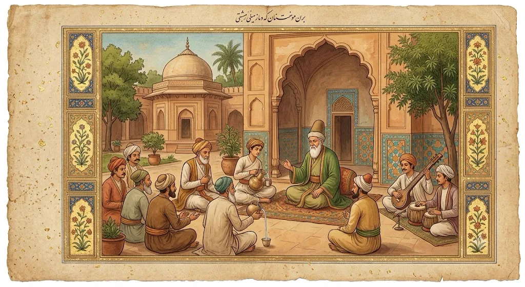 A miniature painting showing a Sufi gathering (mehfil) in a khanqah courtyard with a domed shrine, musicians playing instruments, and devotees sitting in a circle around a Sufi saint