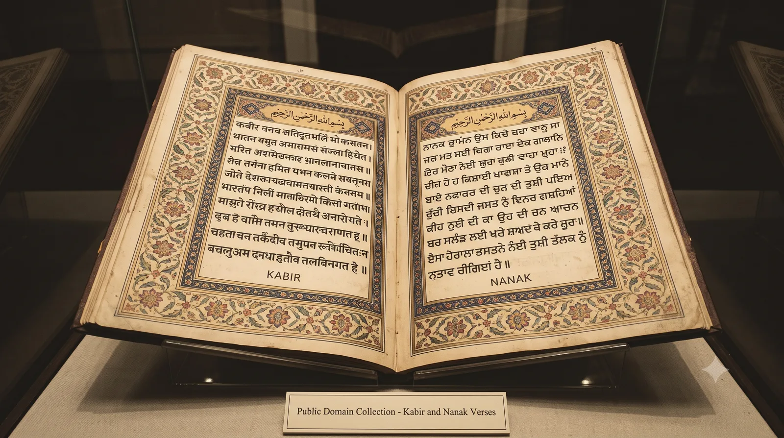 An illuminated manuscript showing verses of Kabir (left page) and Guru Nanak (right page) with ornate floral borders, labeled 'Public Domain Collection - Kabir and Nanak Verses'