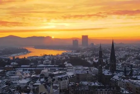 Bonn city skyline at sunset over the Rhine River