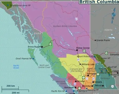 British Columbia map indicating location of Okanagan Valley wildfire zone
