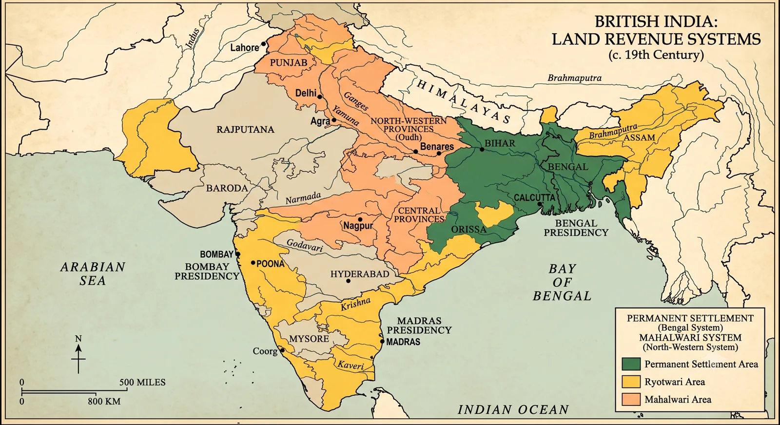A detailed historical map of British India showing Land Revenue Systems (c. 19th Century) with color-coded regions - green for Permanent Settlement Area (Bengal), yellow for Ryotwari Area (Madras, Bombay), and orange for Mahalwari Area (North-Western Provinces)