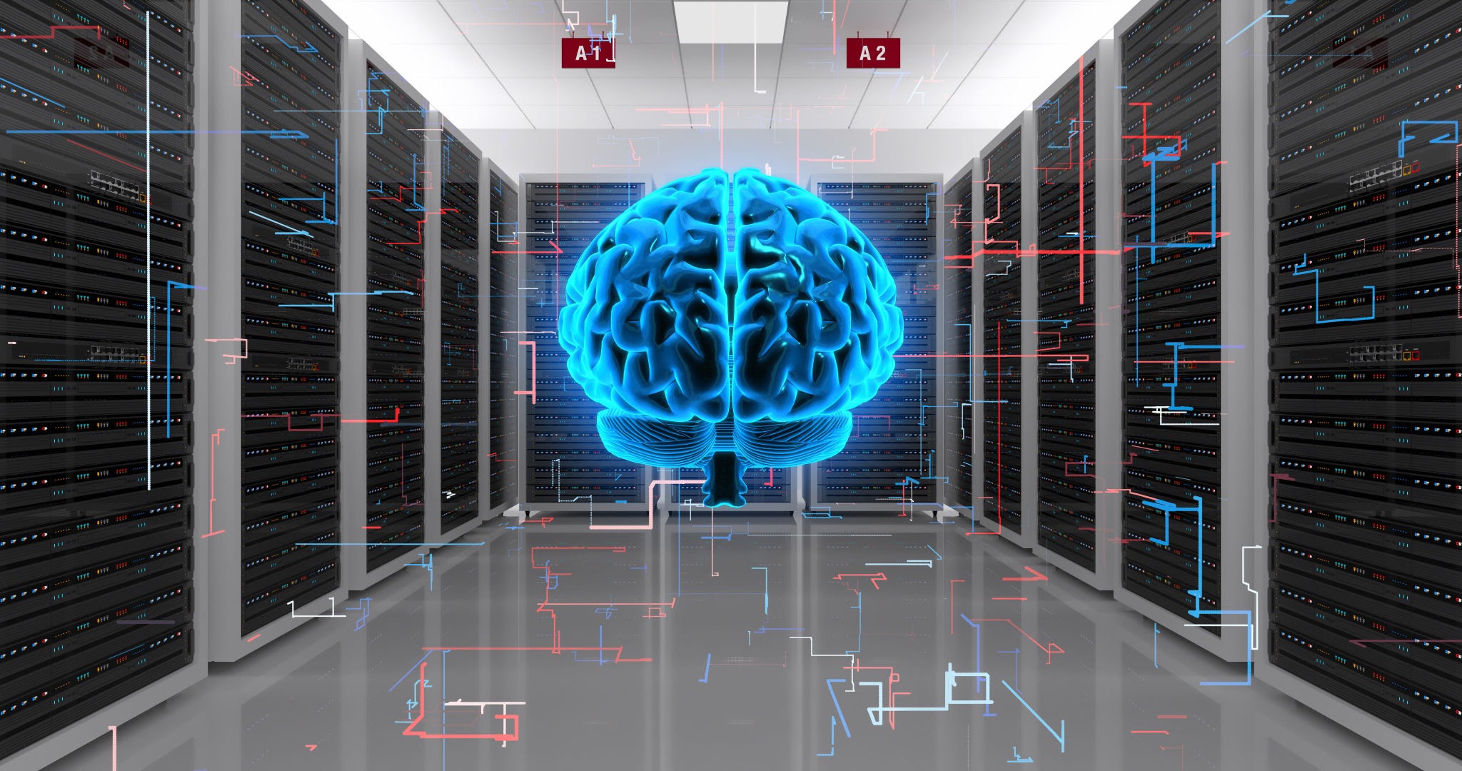 High performance AI data center server racks with 3D glowing blue digital brain floating in corridor