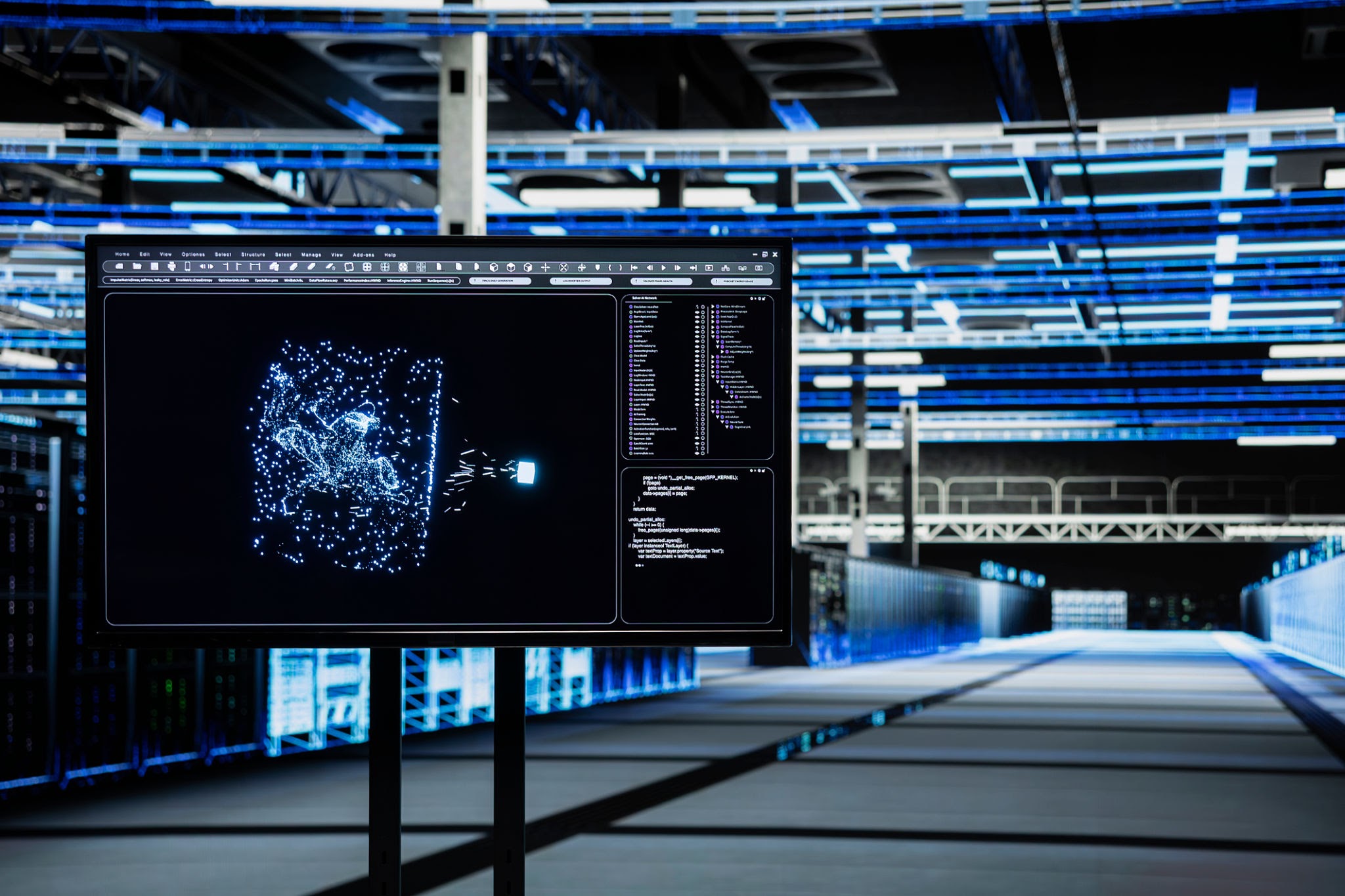 Advanced monitor displaying AI model neural network benchmark evaluation metrics