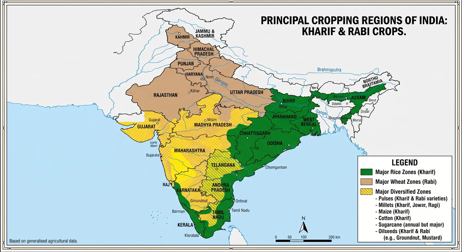 Map of India showing Principal Cropping Regions of India: Kharif & Rabi Crops. Legend shows Major Rice Zones (Kharif) in green (eastern and coastal areas), Major Wheat Zones (Rabi) in brown (northern areas), and Major Diversified Zones in yellow with hatching.