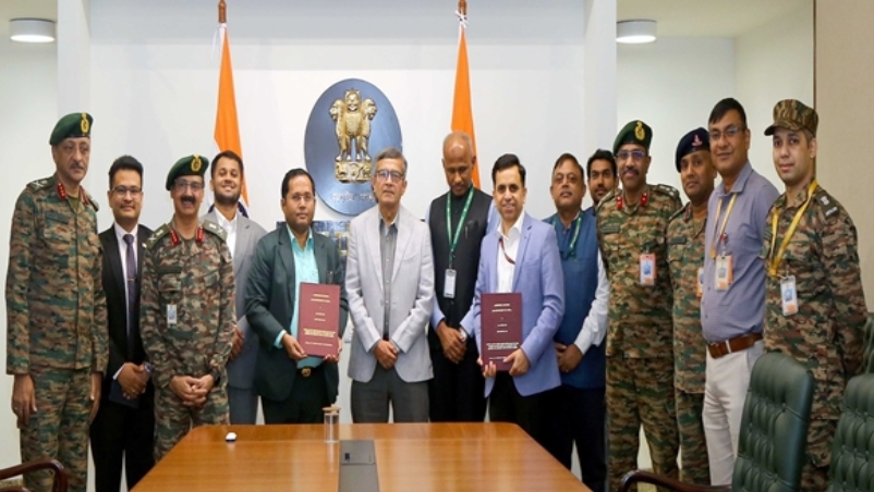 Defence Secretary Rajesh Kumar Singh with his team members during the signing of ₹1,577 crore projects.