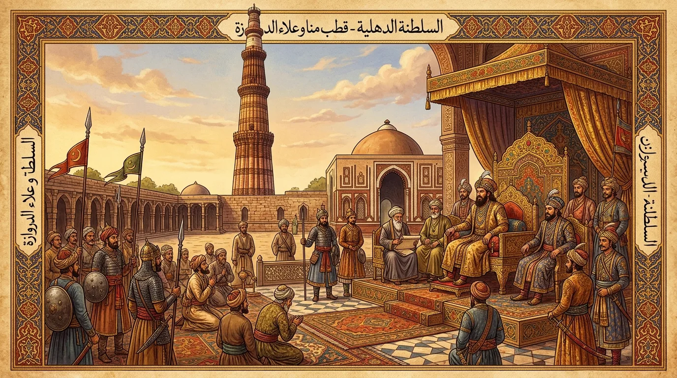 A grand historical illustration of the Delhi Sultanate era showing the Qutub Minar, Islamic architecture, and a royal court scene with a Sultan on a throne surrounded by nobles