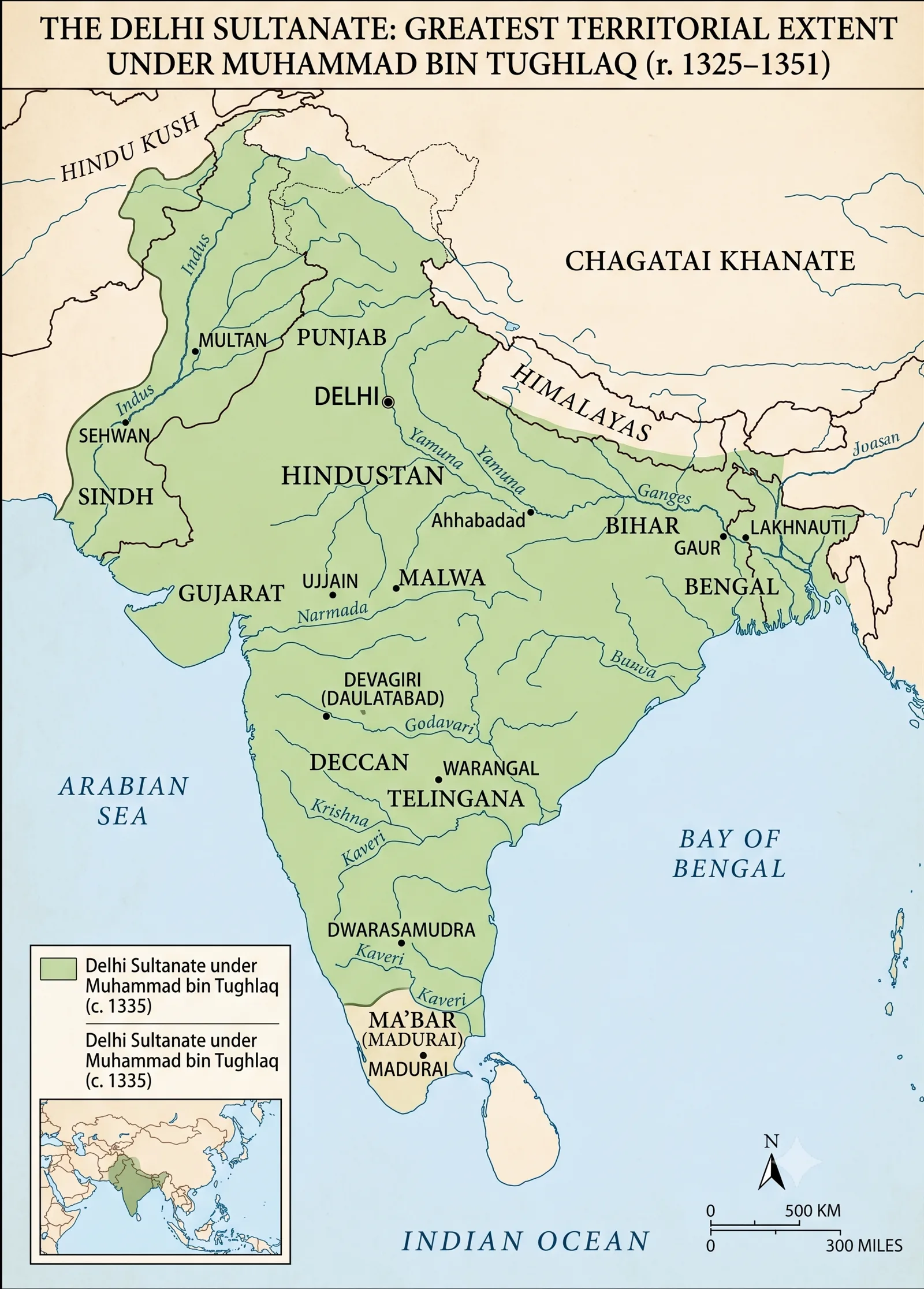 Map showing the greatest territorial extent of the Delhi Sultanate under Muhammad bin Tughlaq (r. 1325-1351) spanning from the Himalayas to the deep south