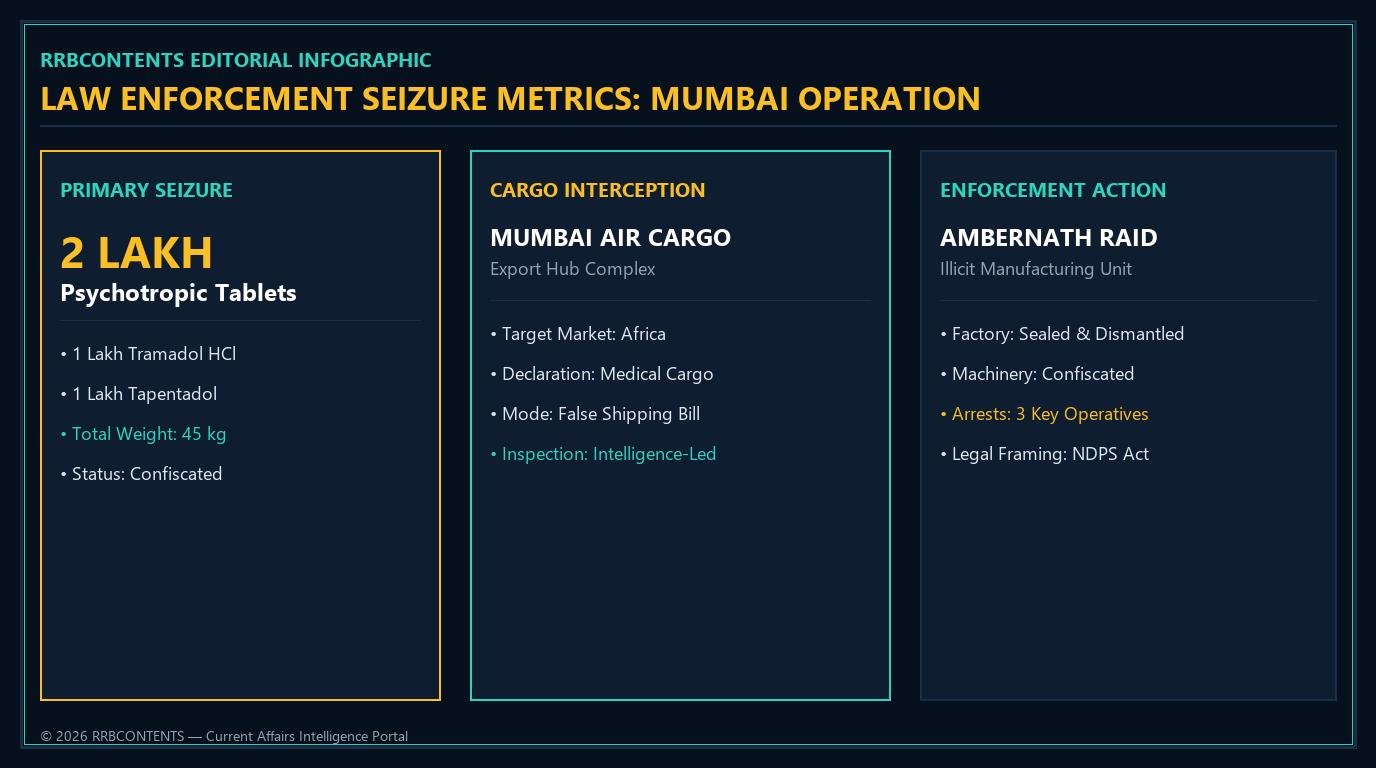 DRI seizure metrics card: 2 lakh psychotropic tablets confiscated at Mumbai Air Cargo Complex