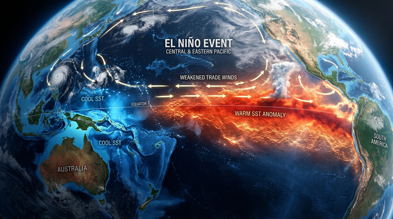 Pacific Ocean sea surface temperatures showing El Niño warming 2026