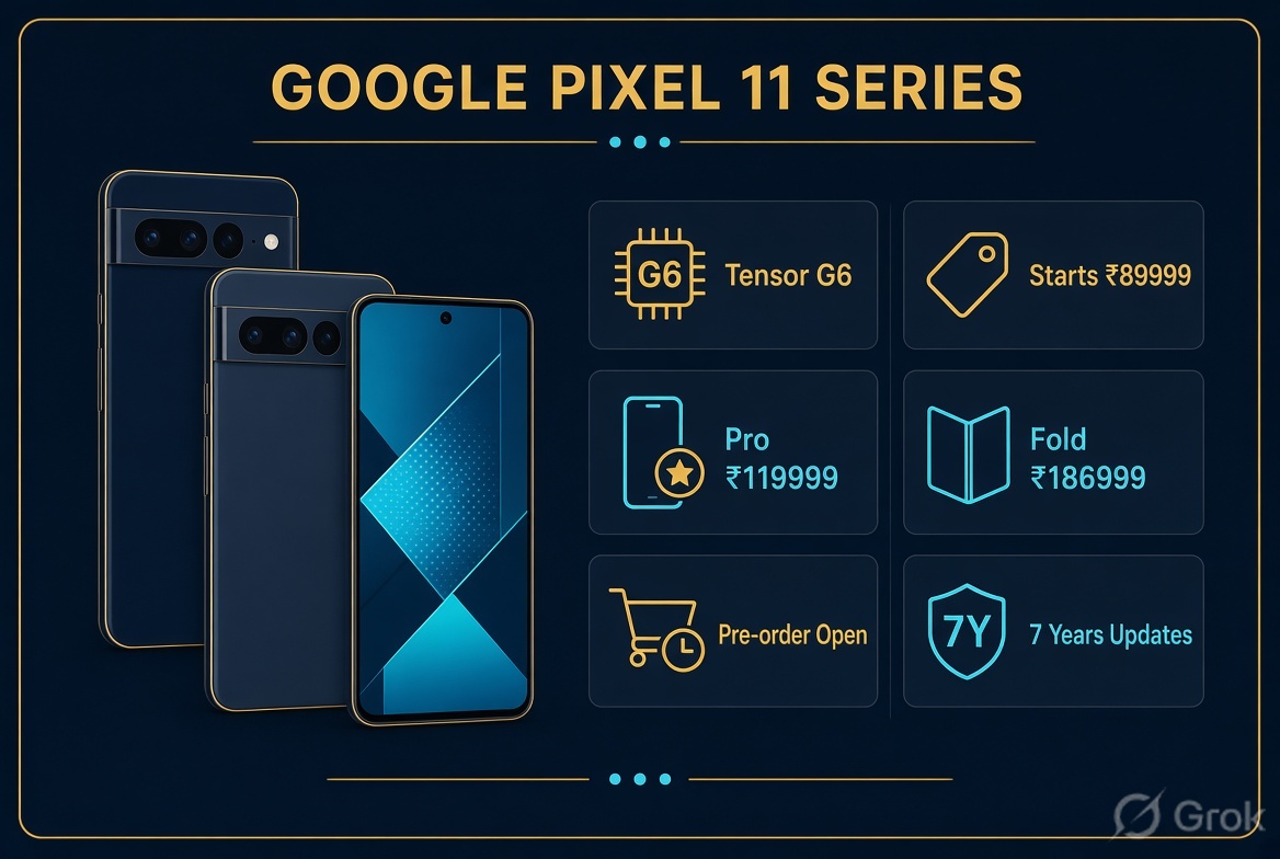 Google Pixel 11 series key specifications and India pricing infographic