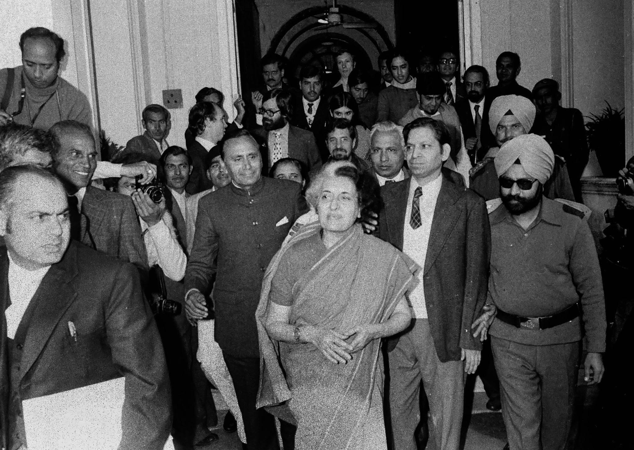 Prime Minister Indira Gandhi during the 1975 State of National Emergency surrounded by security officials