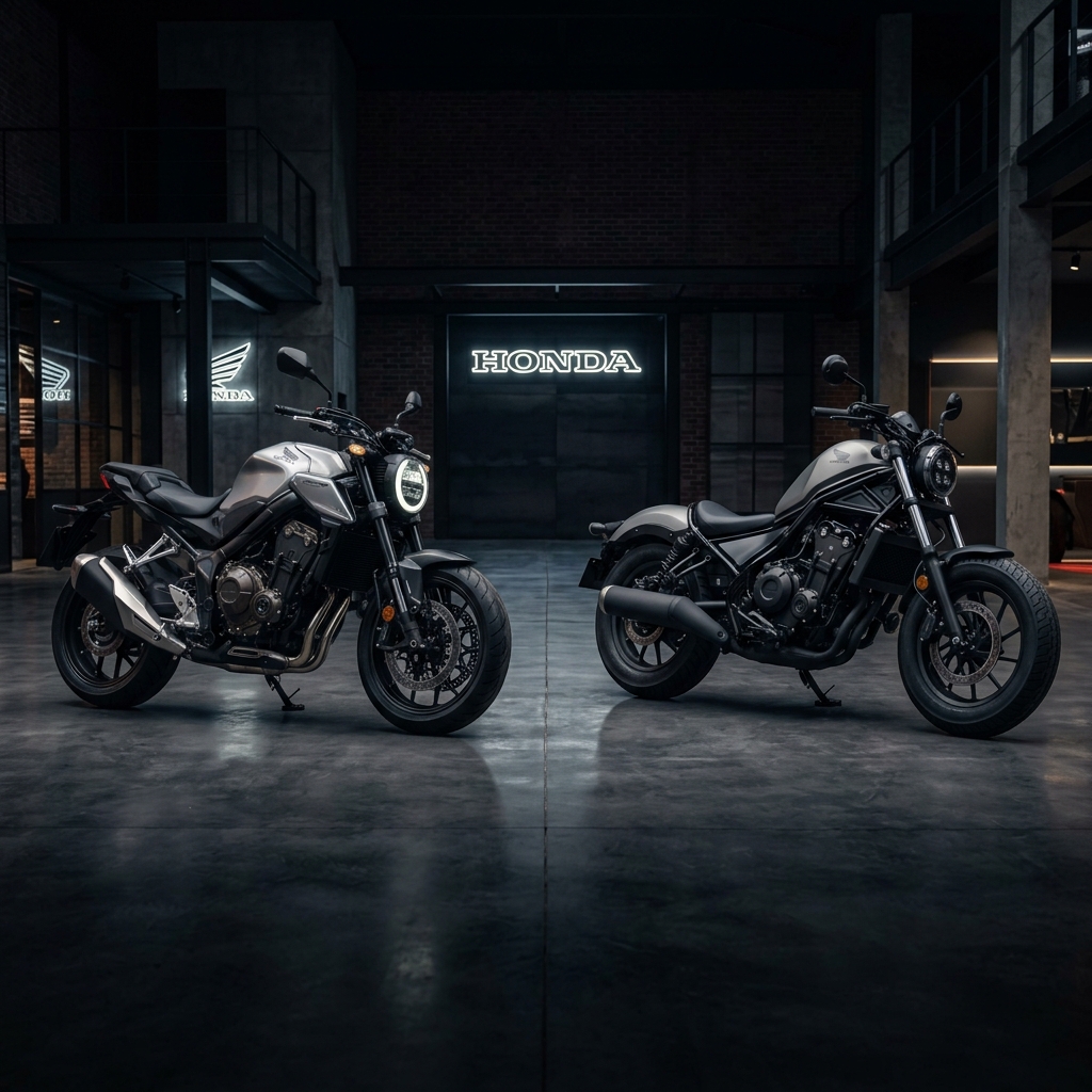 Honda CB500 retro roadster and Honda Rebel 300 cruiser display