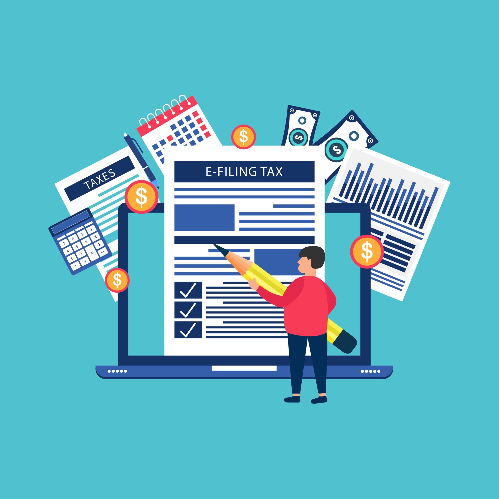 E-Filing tax illustration showing laptop, tax documents, calendar, and checklist