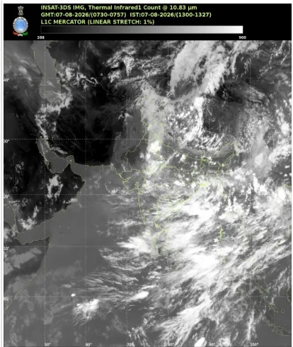 Severe weather radar nowcast map showing storm clouds over North India