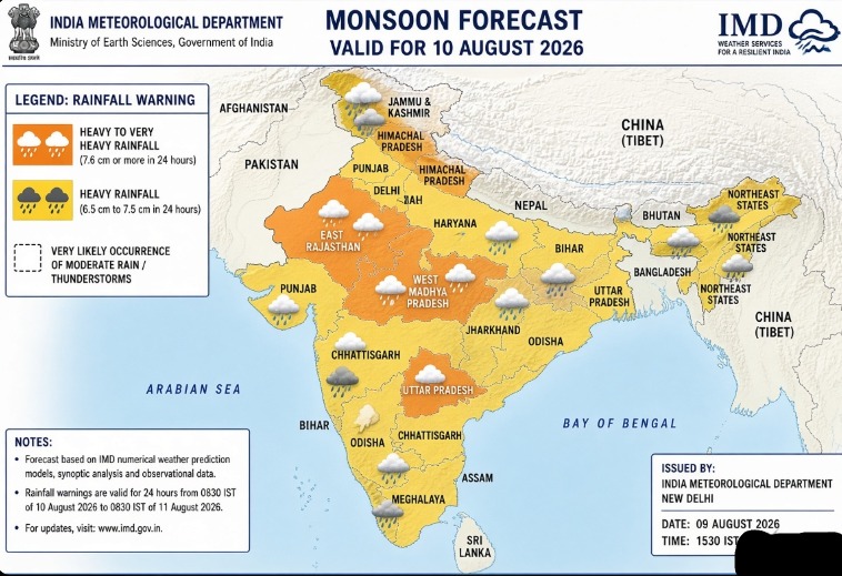 IMD All India weather alert map for August 10 2026 showing rainfall warnings