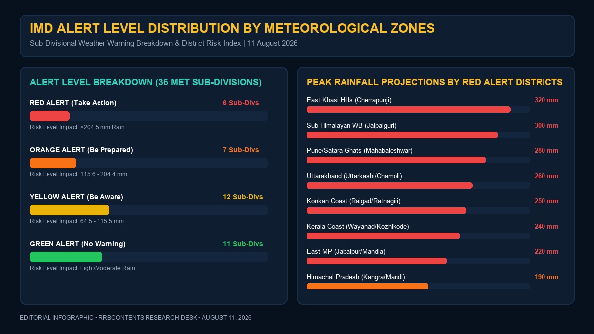 IMD Alert Level Dashboard Graphic for August 11 2026 categorizing Red Orange and Yellow alerts by Indian states