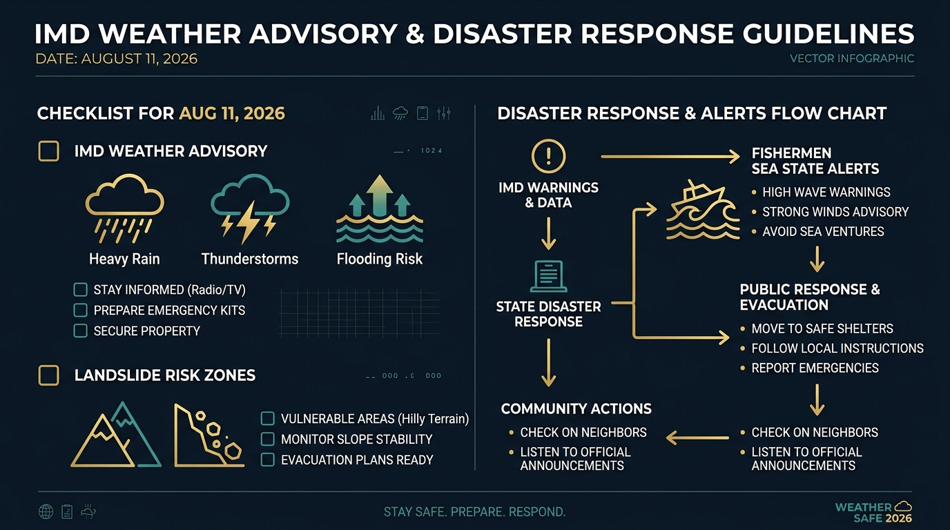 Dark-mode vector graphic depicting IMD disaster response protocols NDRF deployments and travel safety guidelines