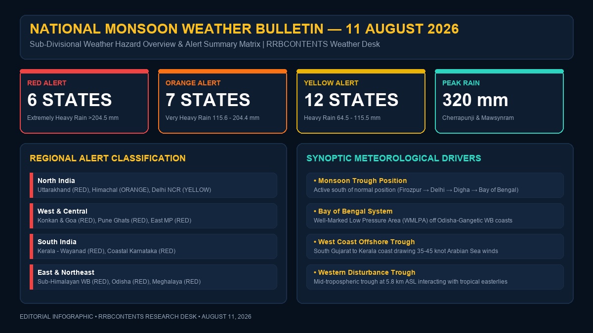 IMD Monsoon Forecast Map of India for August 11 2026 displaying color-coded red orange yellow alert zones