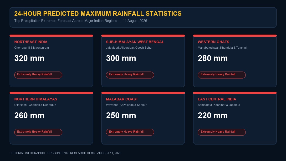 Dark-mode vector graphic presenting predicted 24-hour rainfall statistics across Indian regions on August 11 2026