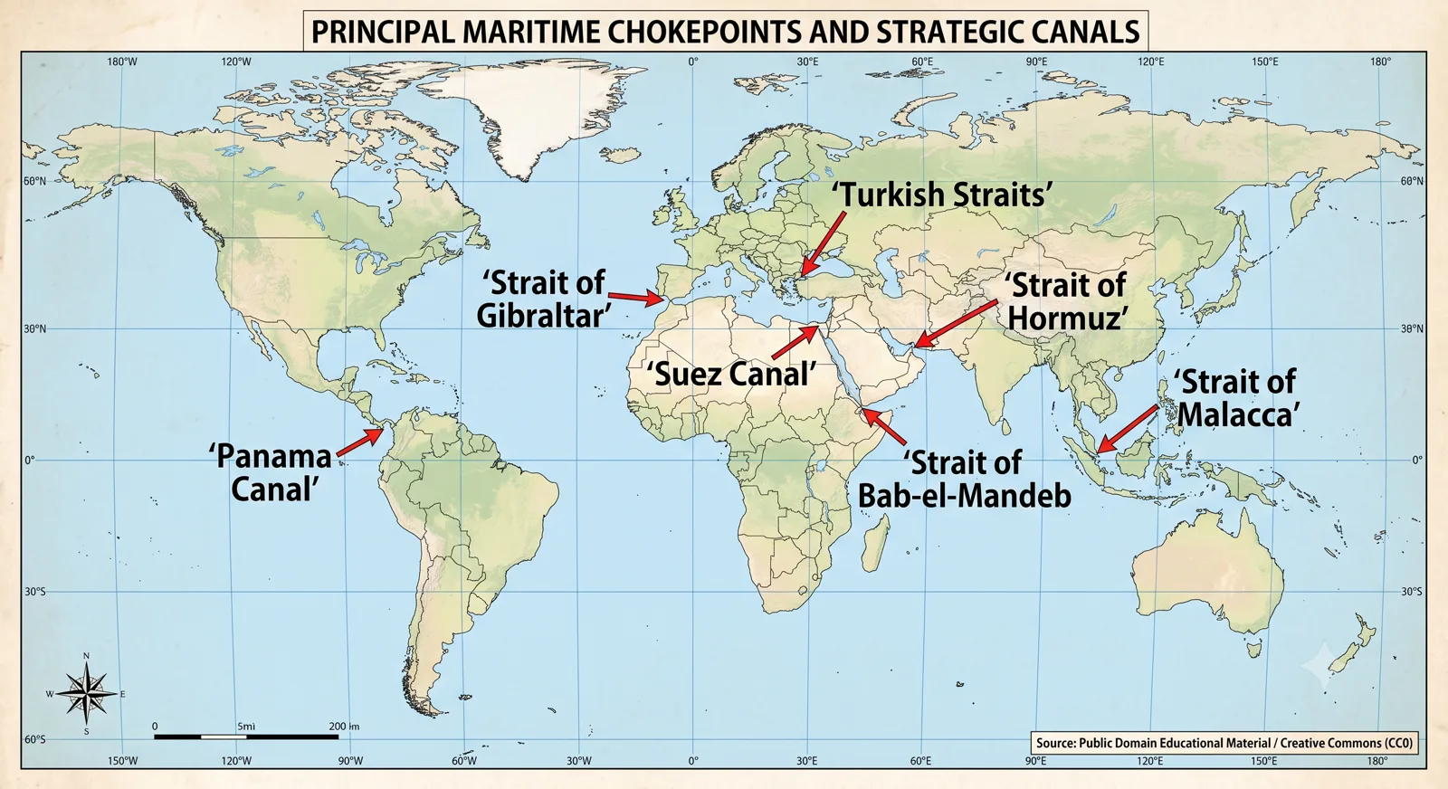 World map displaying principal maritime chokepoints and strategic canals like Panama Canal, Suez Canal, and Straits of Malacca, Hormuz, and Gibraltar