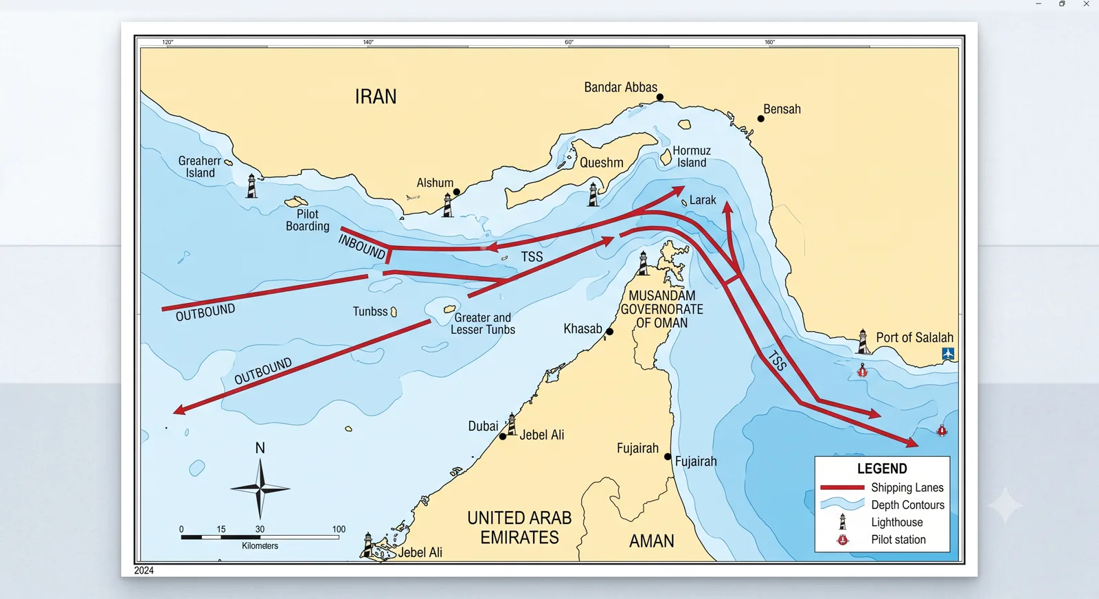 Detailed map of the Strait of Hormuz showing shipping lanes, depth contours, and surrounding countries including Iran, UAE, and Oman
