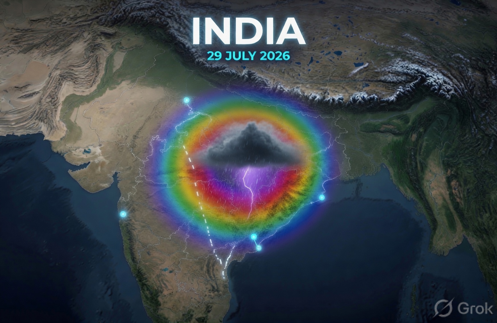 3D satellite weather render of India map on 29 July 2026 showing monsoon deep depression