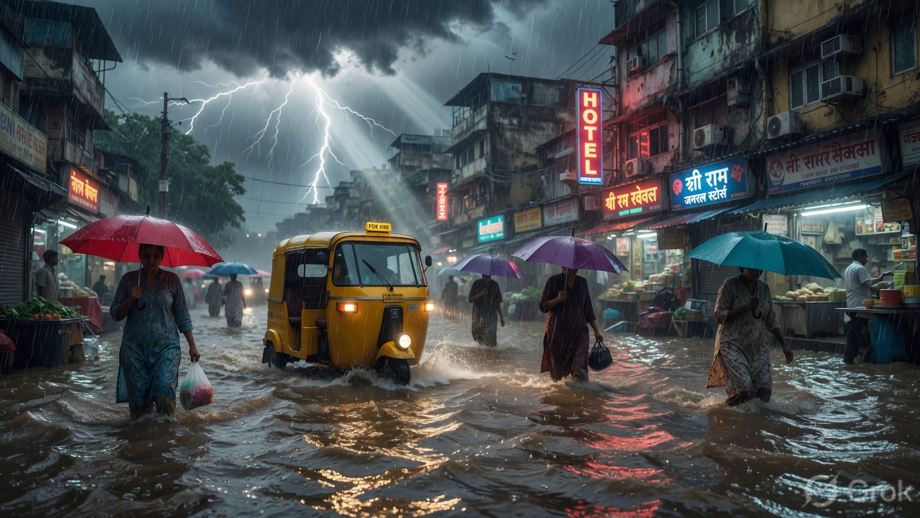3D monsoon street scene India heavy rain July 2026