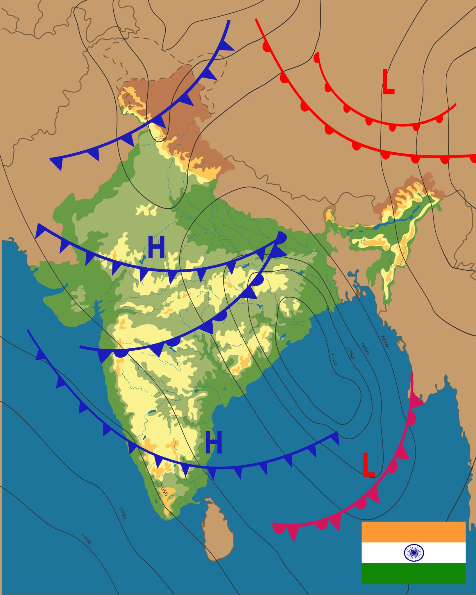 Synoptic map layout depicting monsoon troughs and low-pressure cyclonic circulations across Peninsular and East India