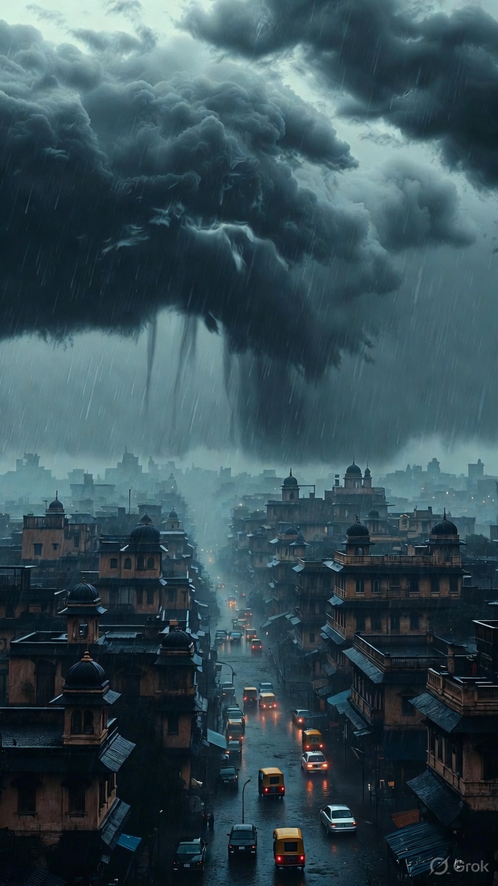 Heavy monsoon rain clouds hovering over an urban Indian skyline with rain-swept roads and traffic