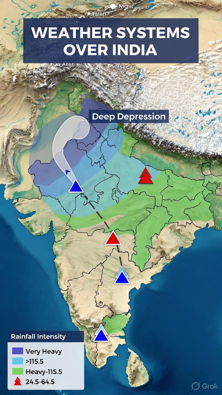 Weather map graphic showing deep depression track, monsoon trough, and rainfall alerts across India
