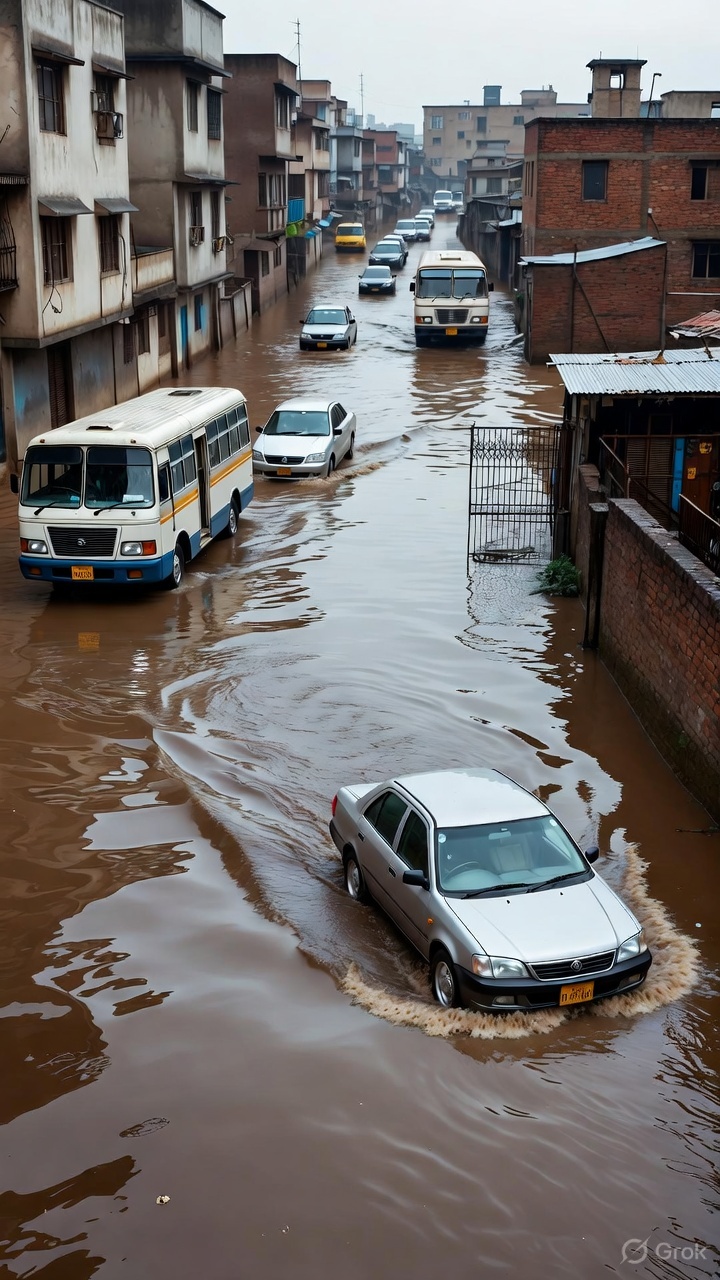 Waterlogged urban road with cars and buses navigating monsoon floodwaters in eastern India