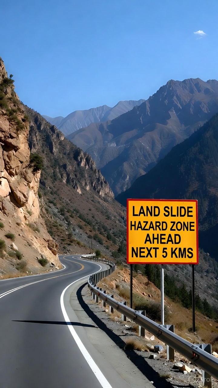 Landslide hazard warning sign along a Himalayan mountain highway in northern India