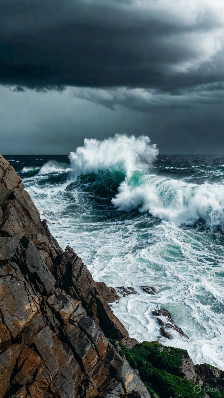 High coastal waves crashing against a rocky Indian coastline during active monsoon warning