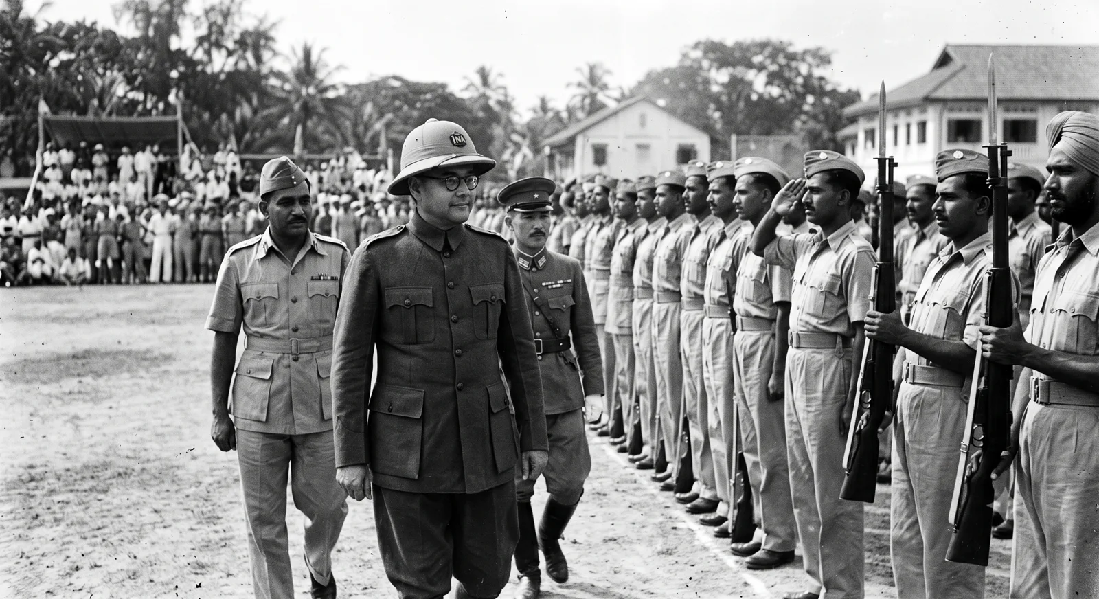 Subhas Chandra Bose inspecting the soldiers of the Indian National Army