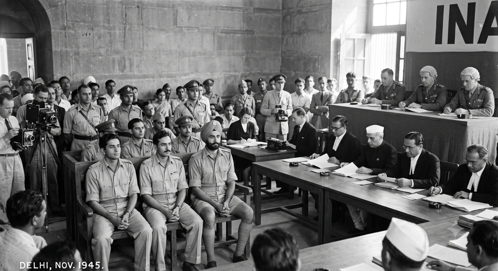 Indian National Army Red Fort Trials of 1945 showing defendants and lawyers in the courtroom