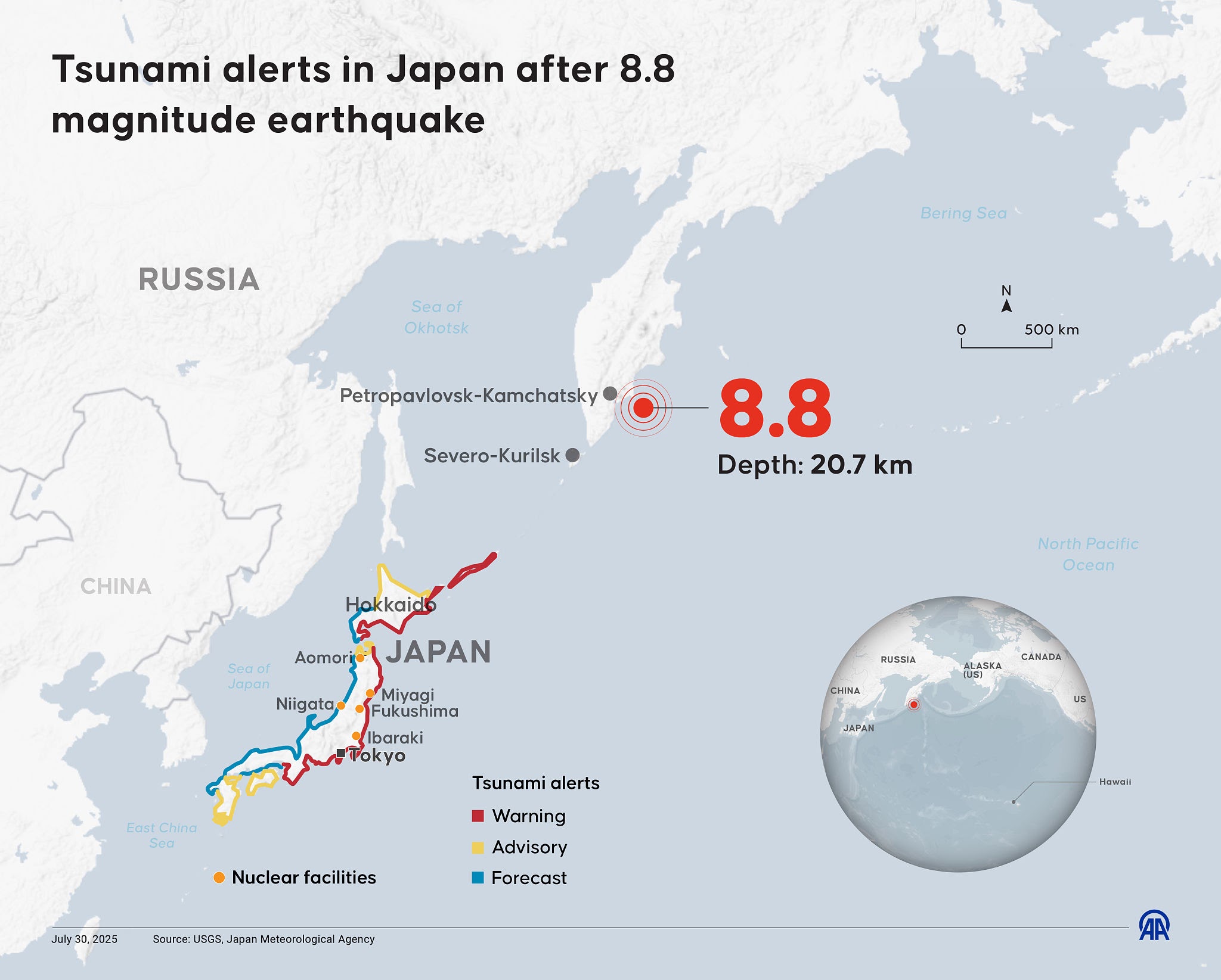 Strategic map illustrating coastal warning zones and tsunami alerts in Japan