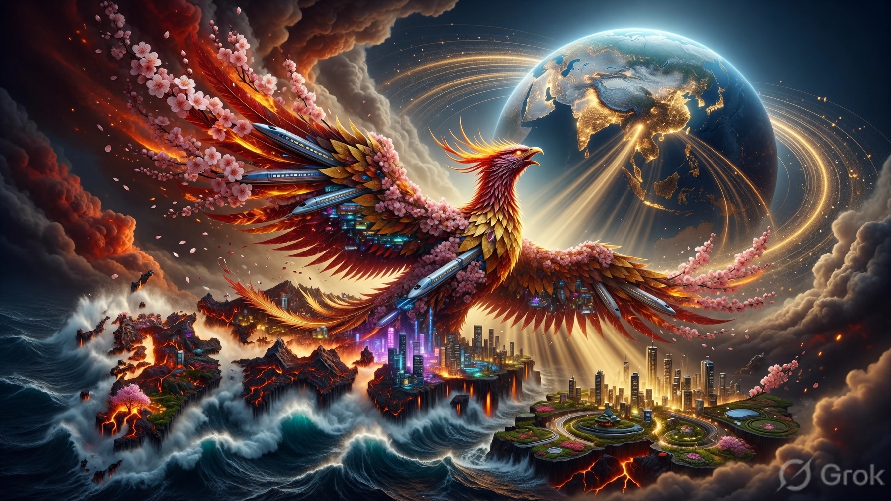 3D artistic representation of Japan as a Phoenix soaring above disasters with bullet trains and cherry blossoms