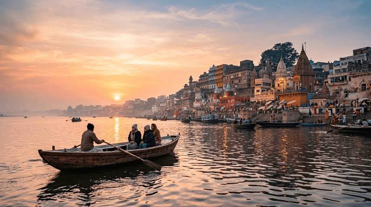Wooden boat cruising on the Ganga river in Varanasi