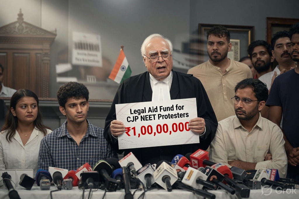 Kapil Sibal holding Legal Aid Fund for CJP NEET Protesters ₹1,00,00,000 placard at press conference