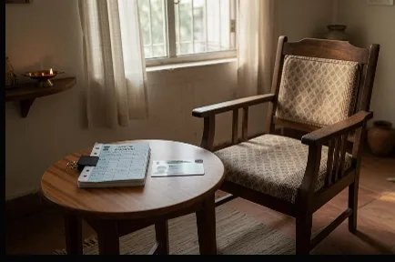 Aadhaar document beside home furniture representing doorstep delivery for bedridden citizens
