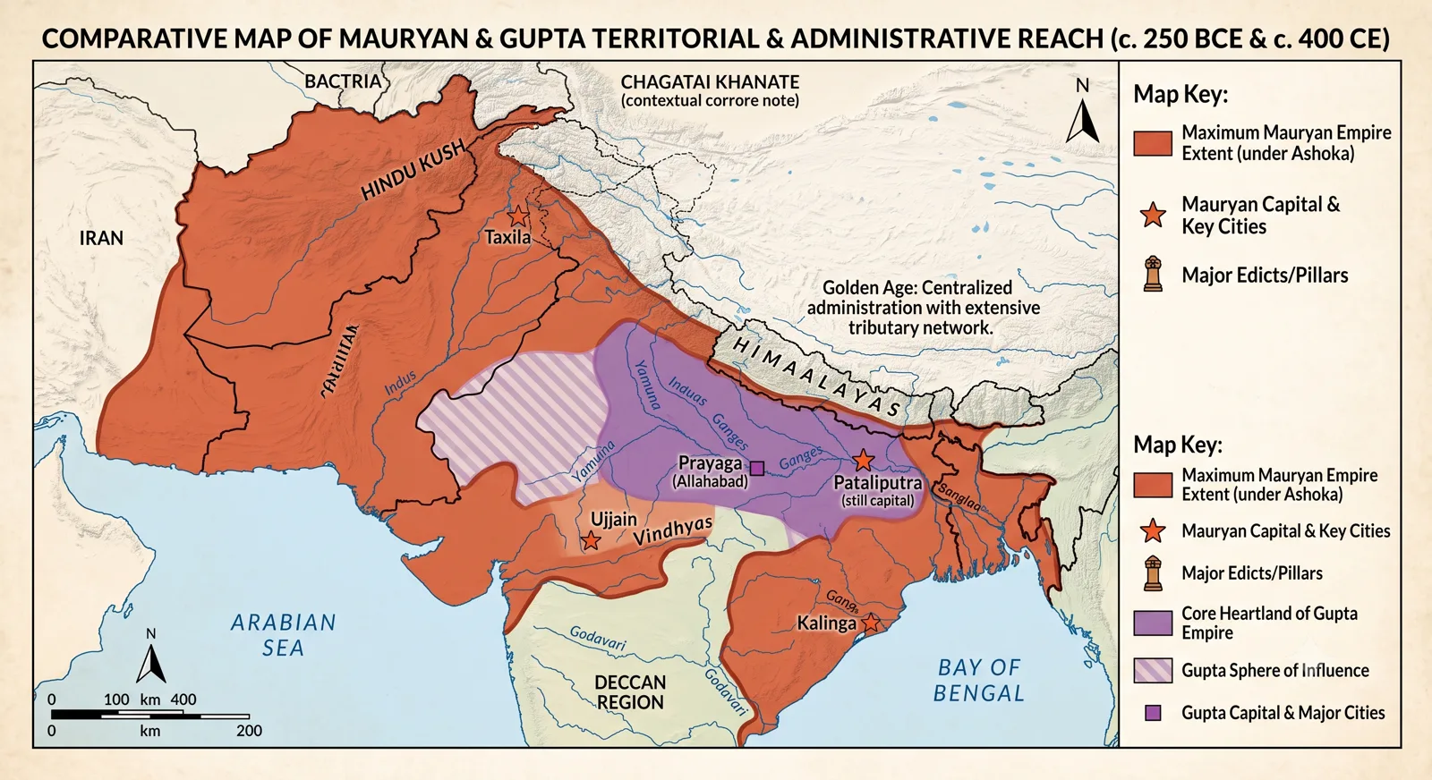 Comparative Map of Mauryan and Gupta Territorial and Administrative Reach