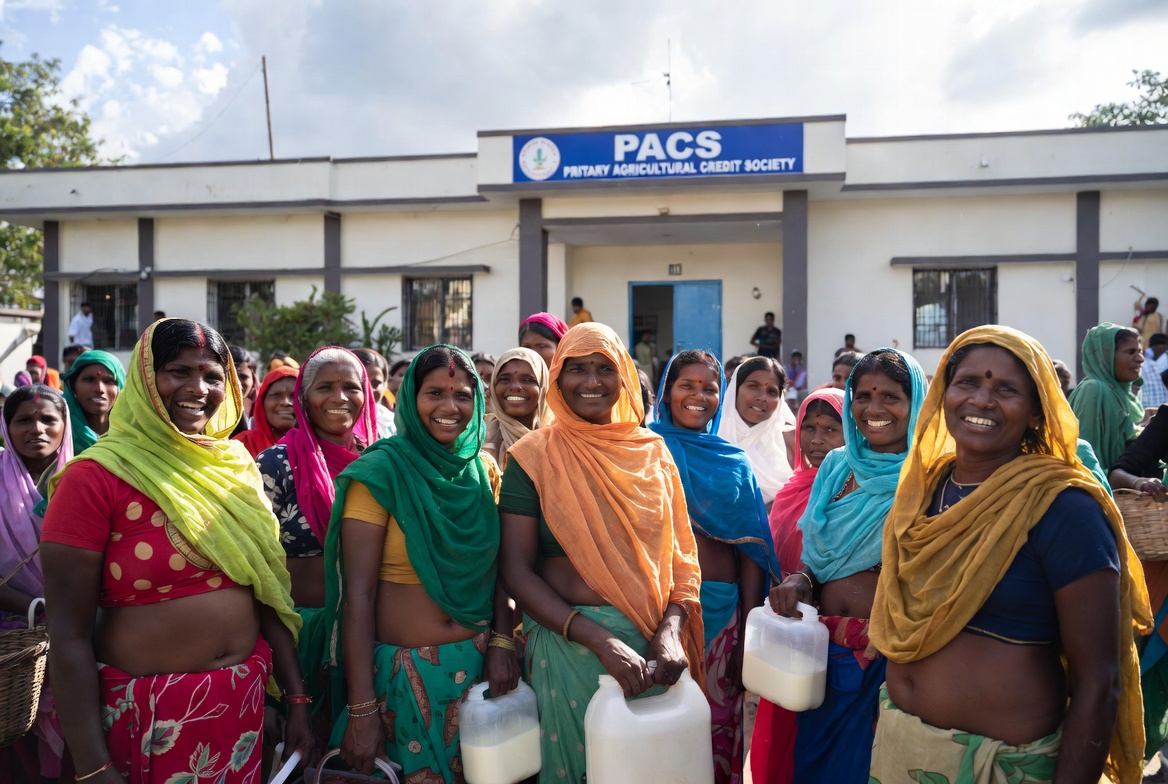 Women dairy cooperative members outside a computerised Primary Agricultural Credit Society PACS building