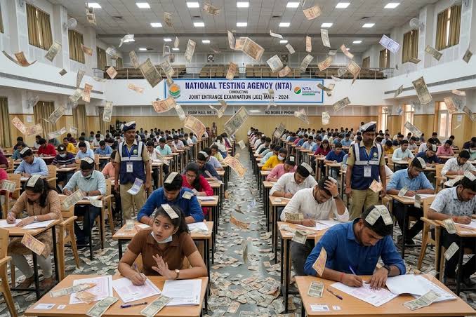 Examination hall under National Testing Agency NTA with paper leak currency notes falling satire